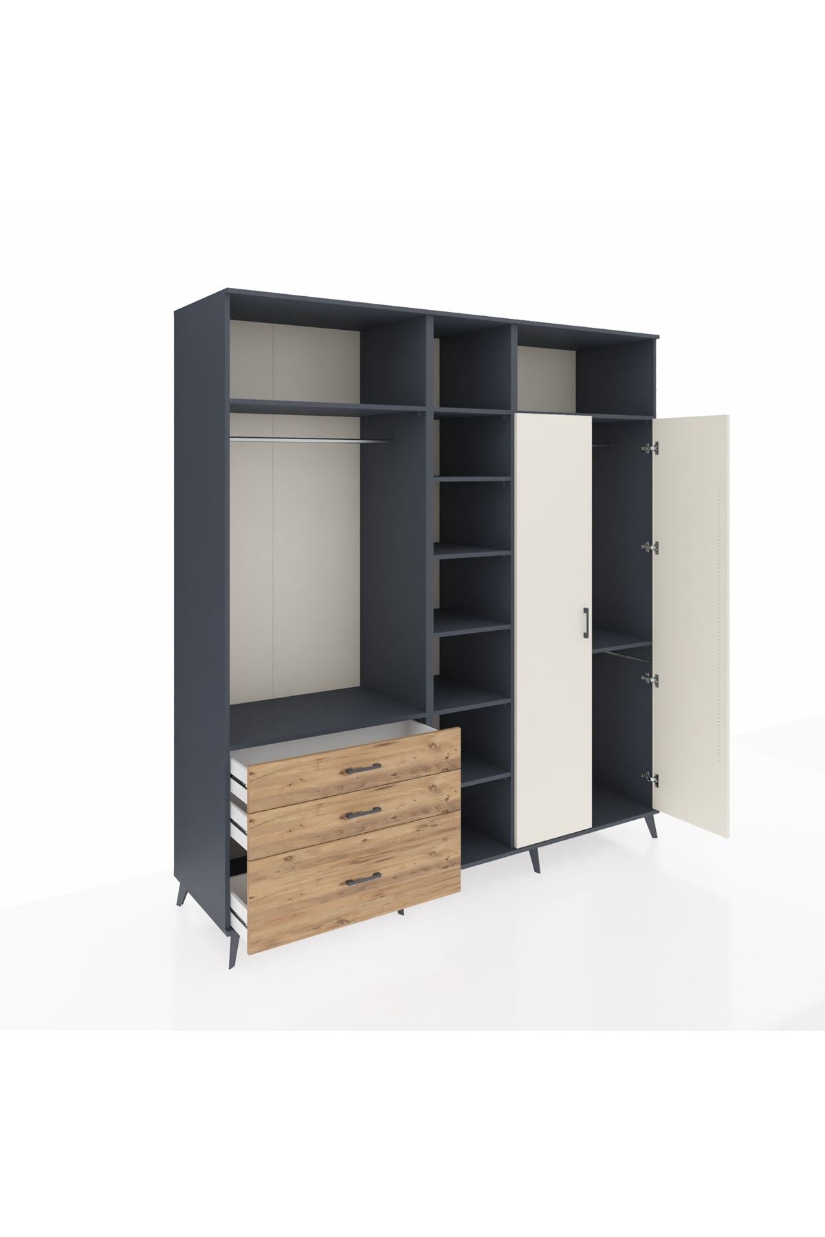 Kronos Dolap 10 Raflı 3 Çekmeceli 2 Askılı 220x59x243 Antrasit-Aytaşı/Çam