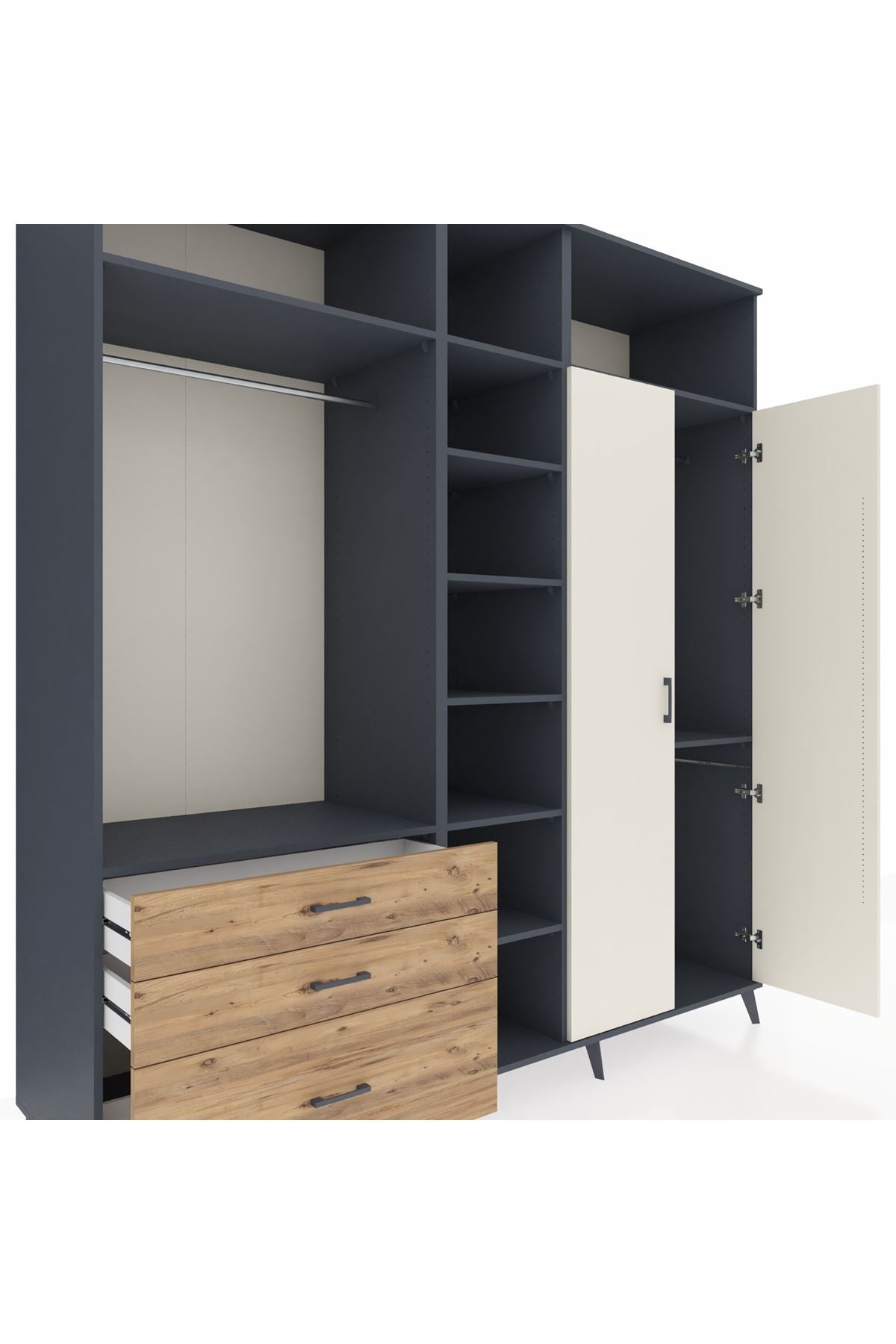 Kronos Dolap 10 Raflı 3 Çekmeceli 2 Askılı 220x59x243 Antrasit-Aytaşı/Çam