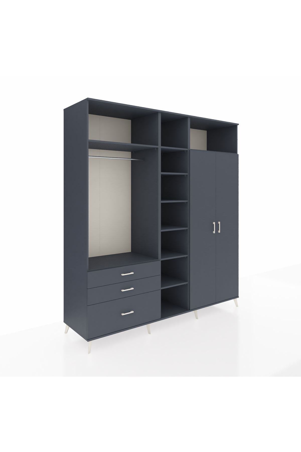 Kronos Dolap 10 Raflı 3 Çekmeceli 2 Askılı 220x59x243 Antrasit-Antrasit/Antrasit