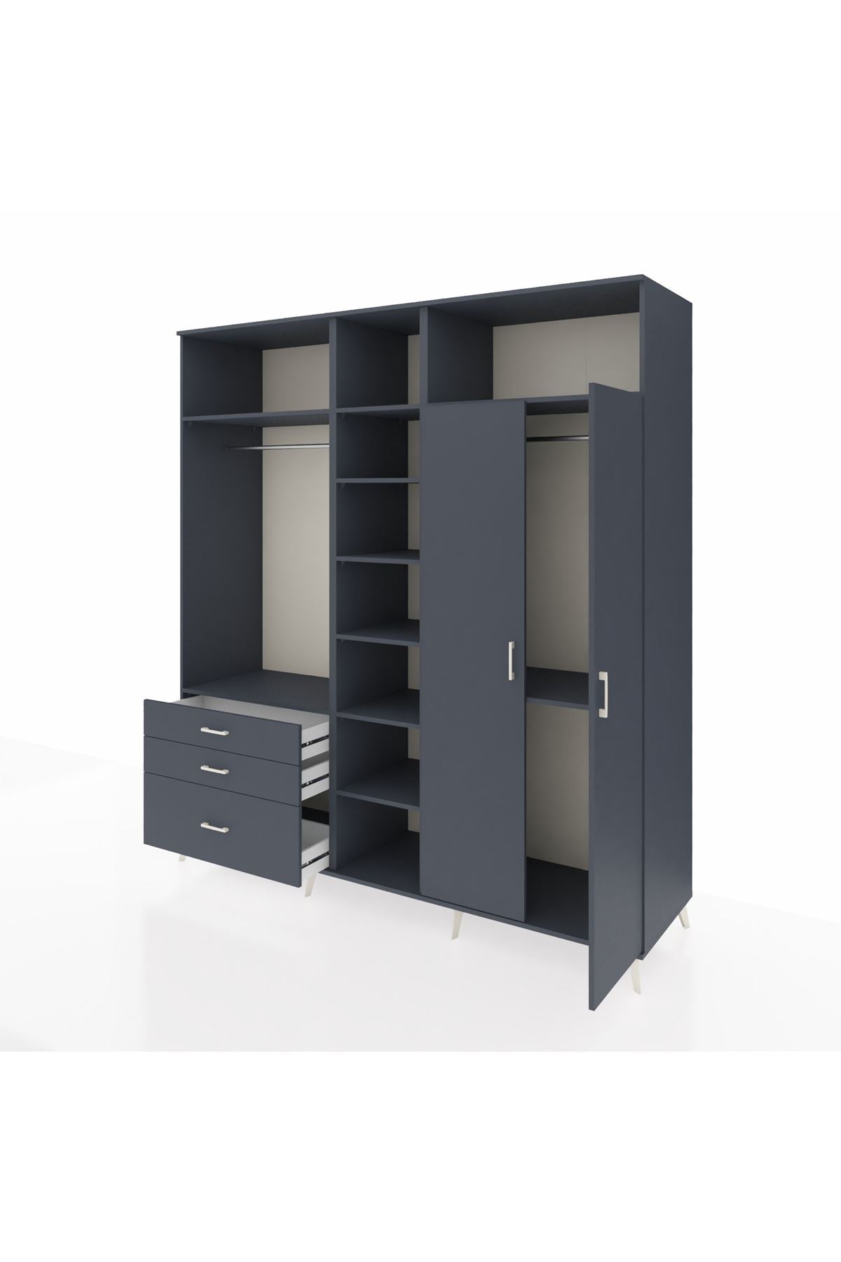 Kronos Dolap 10 Raflı 3 Çekmeceli 2 Askılı 220x59x243 Antrasit-Antrasit/Antrasit