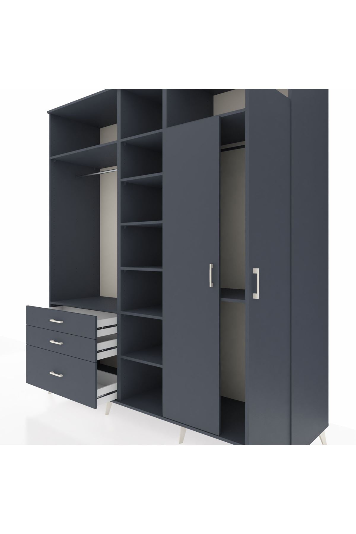 Kronos Dolap 10 Raflı 3 Çekmeceli 2 Askılı 220x59x243 Antrasit-Antrasit/Antrasit