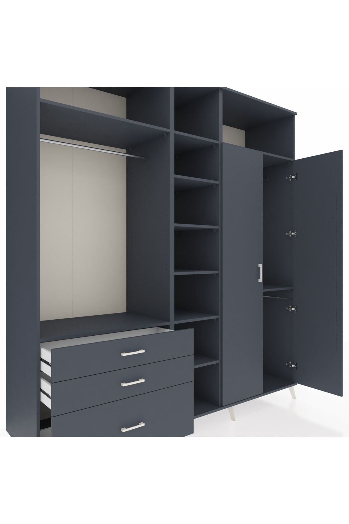 Kronos Dolap 10 Raflı 3 Çekmeceli 2 Askılı 220x59x243 Antrasit-Antrasit/Antrasit