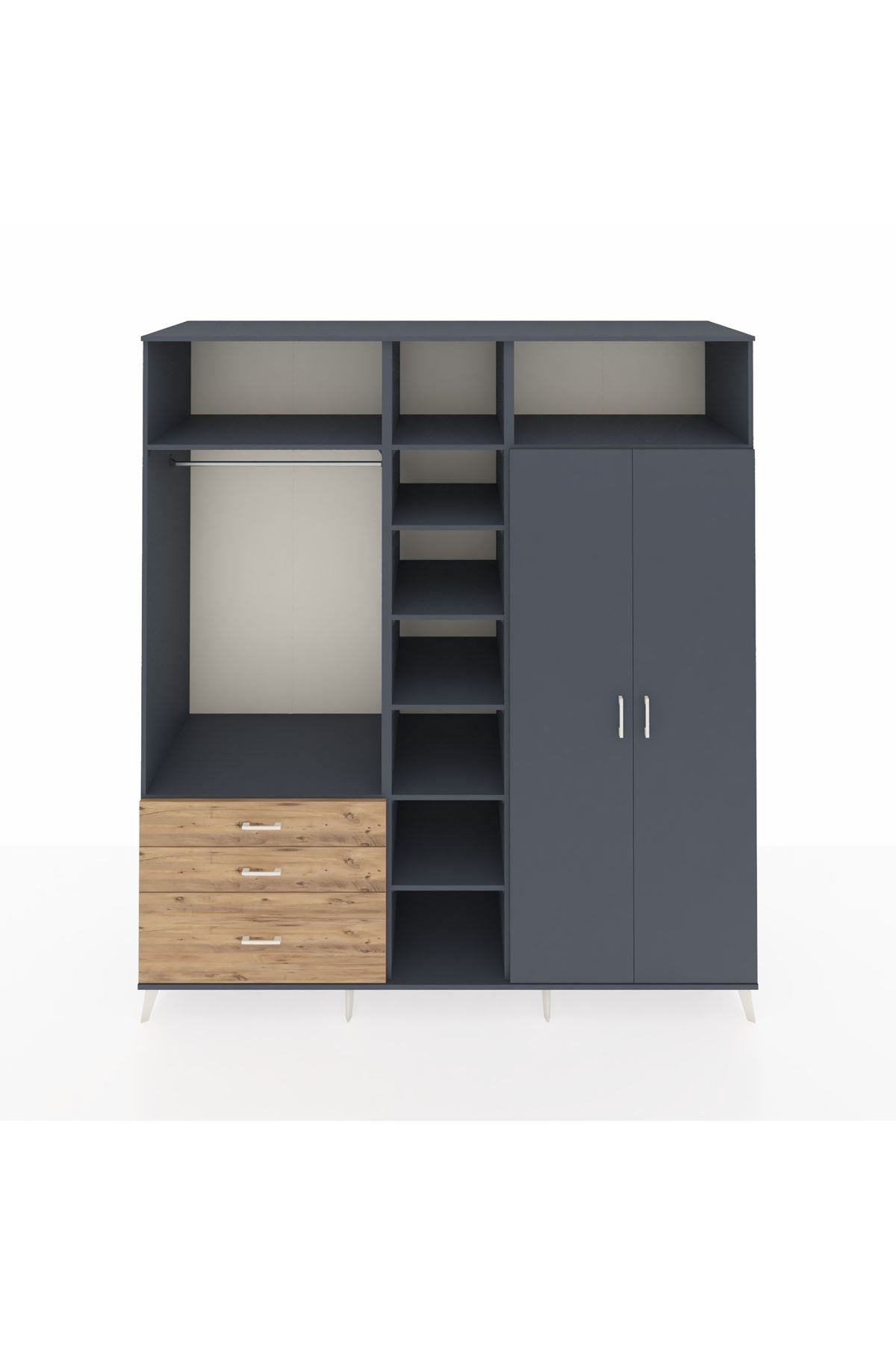 Kronos Dolap 10 Raflı 3 Çekmeceli 2 Askılı 220x59x243 Antrasit-Antrasit/Çam