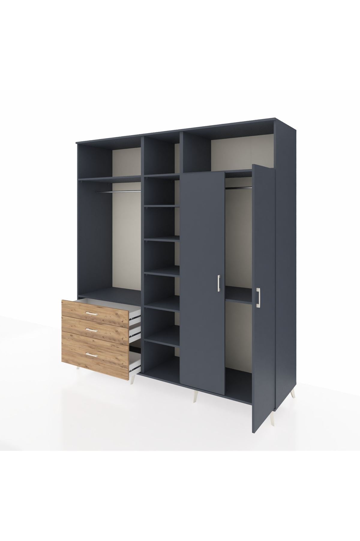 Kronos Dolap 10 Raflı 3 Çekmeceli 2 Askılı 220x59x243 Antrasit-Antrasit/Çam