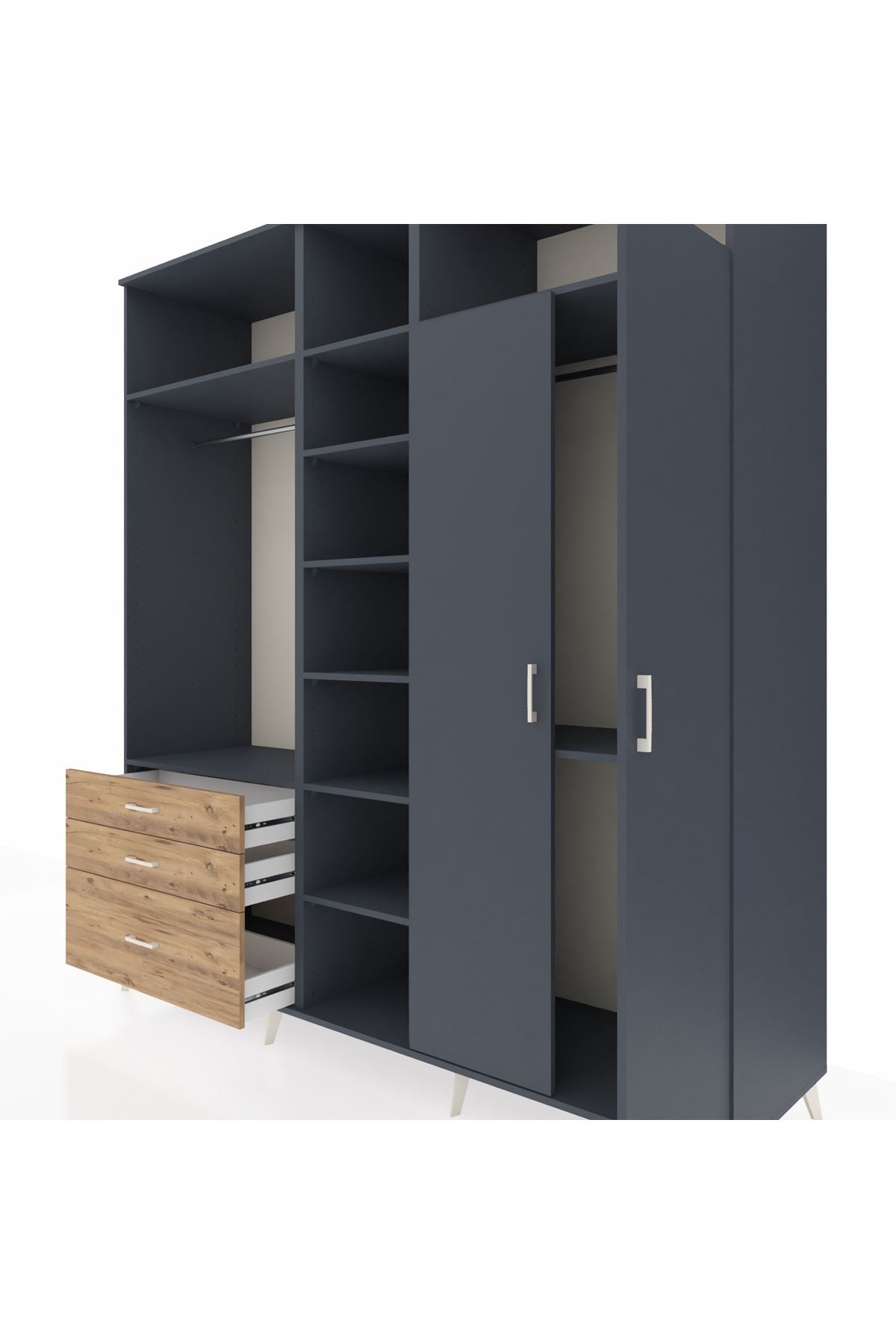 Kronos Dolap 10 Raflı 3 Çekmeceli 2 Askılı 220x59x243 Antrasit-Antrasit/Çam