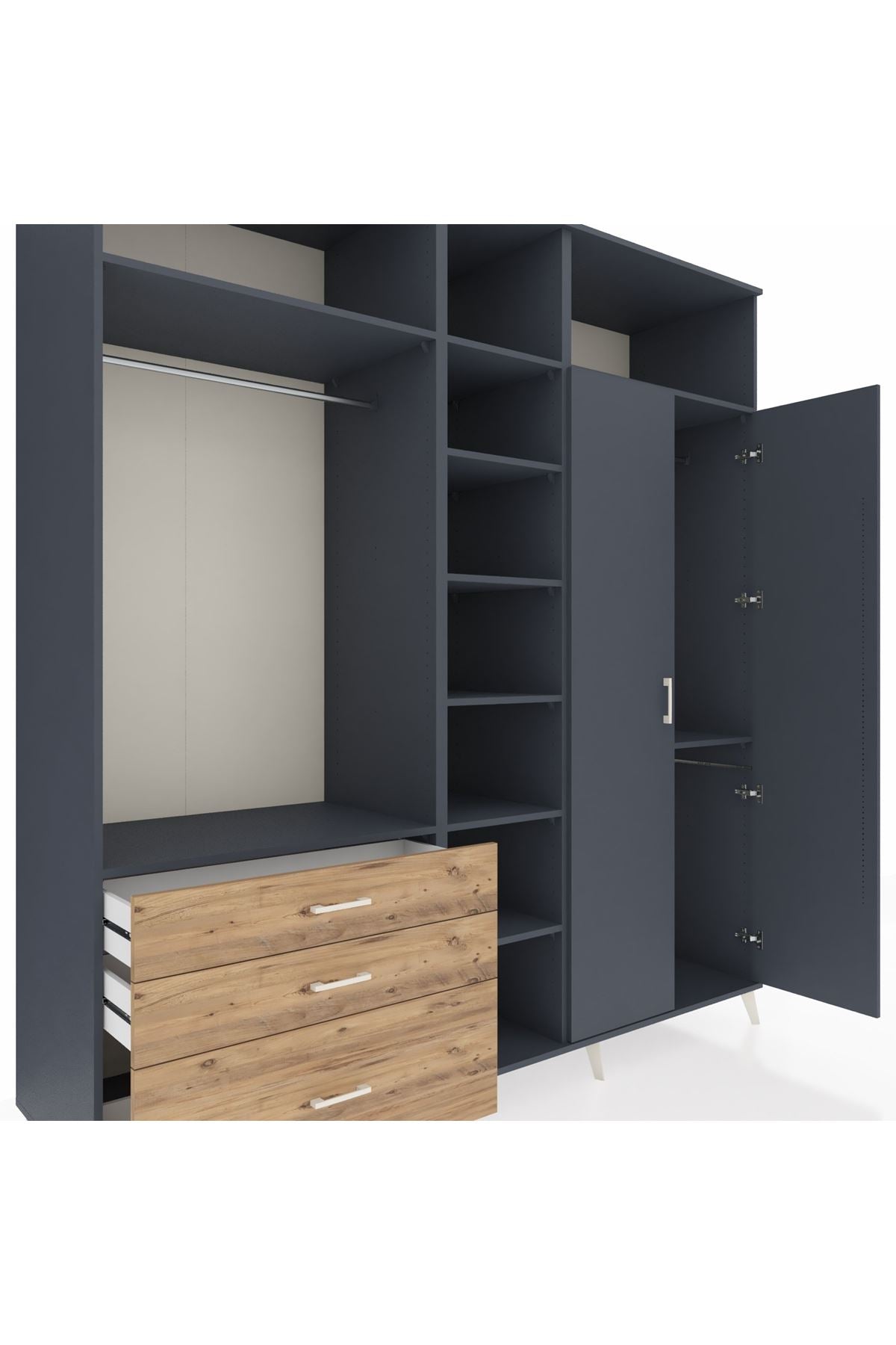 Kronos Dolap 10 Raflı 3 Çekmeceli 2 Askılı 220x59x243 Antrasit-Antrasit/Çam