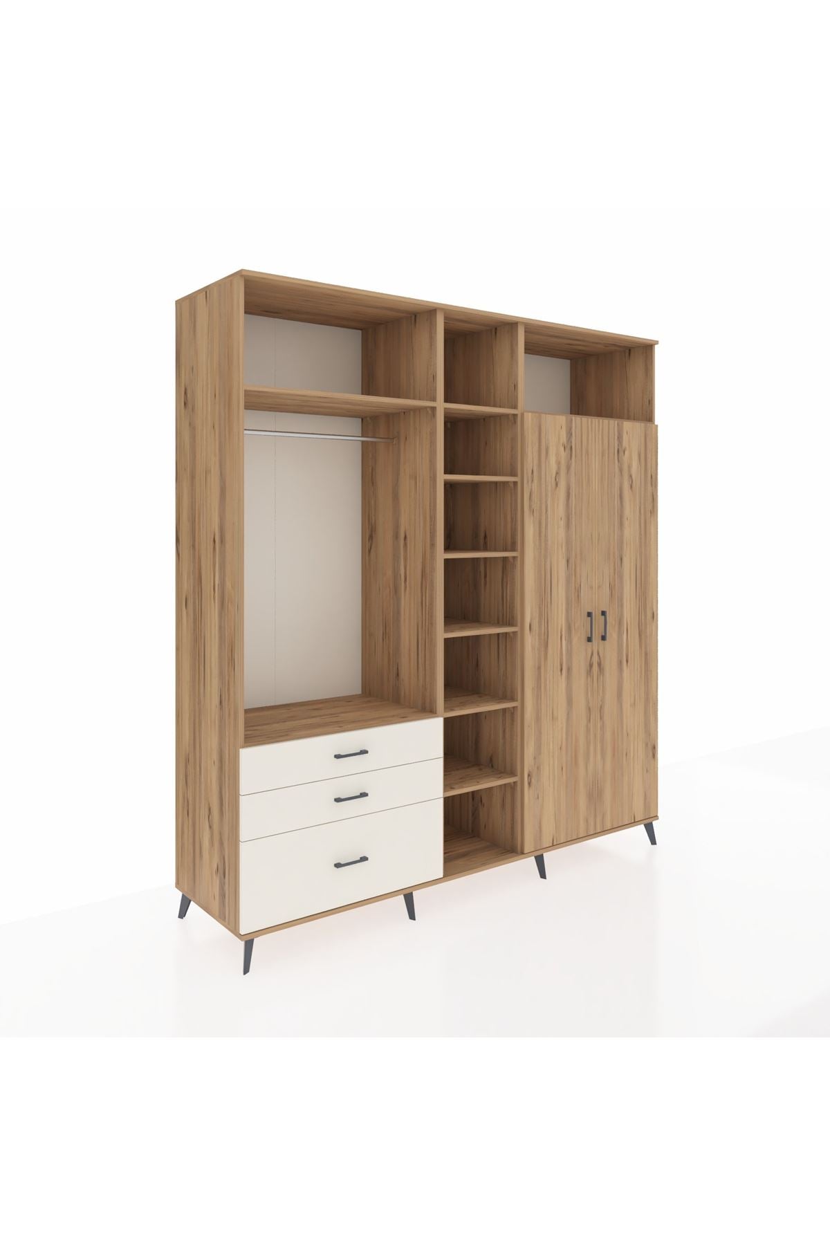 Kronos Dolap 10 Raflı 3 Çekmeceli 2 Askılı 220x59x243 Çam-Çam/Aytaşı