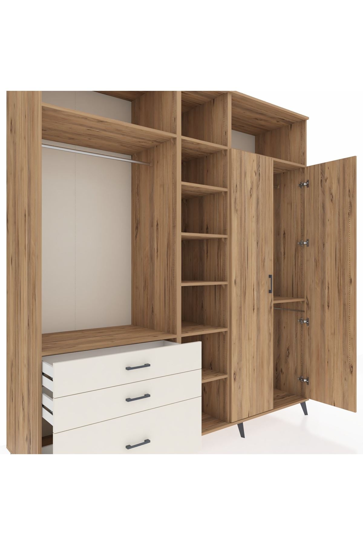 Kronos Dolap 10 Raflı 3 Çekmeceli 2 Askılı 220x59x243 Çam-Çam/Aytaşı