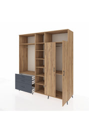 Kronos Dolap 10 Raflı 3 Çekmeceli 2 Askılı 220x59x243 Çam-Çam/Antrasit