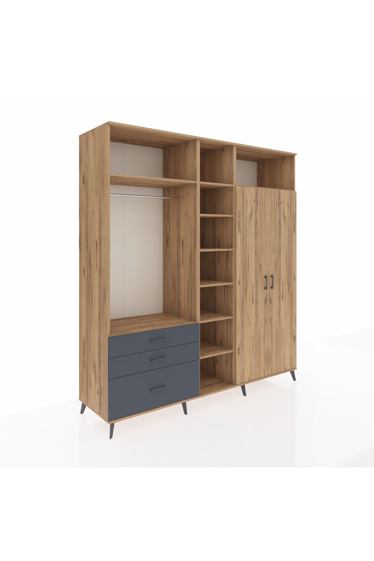 Kronos Dolap 10 Raflı 3 Çekmeceli 2 Askılı 220x59x243 Çam-Çam/Antrasit