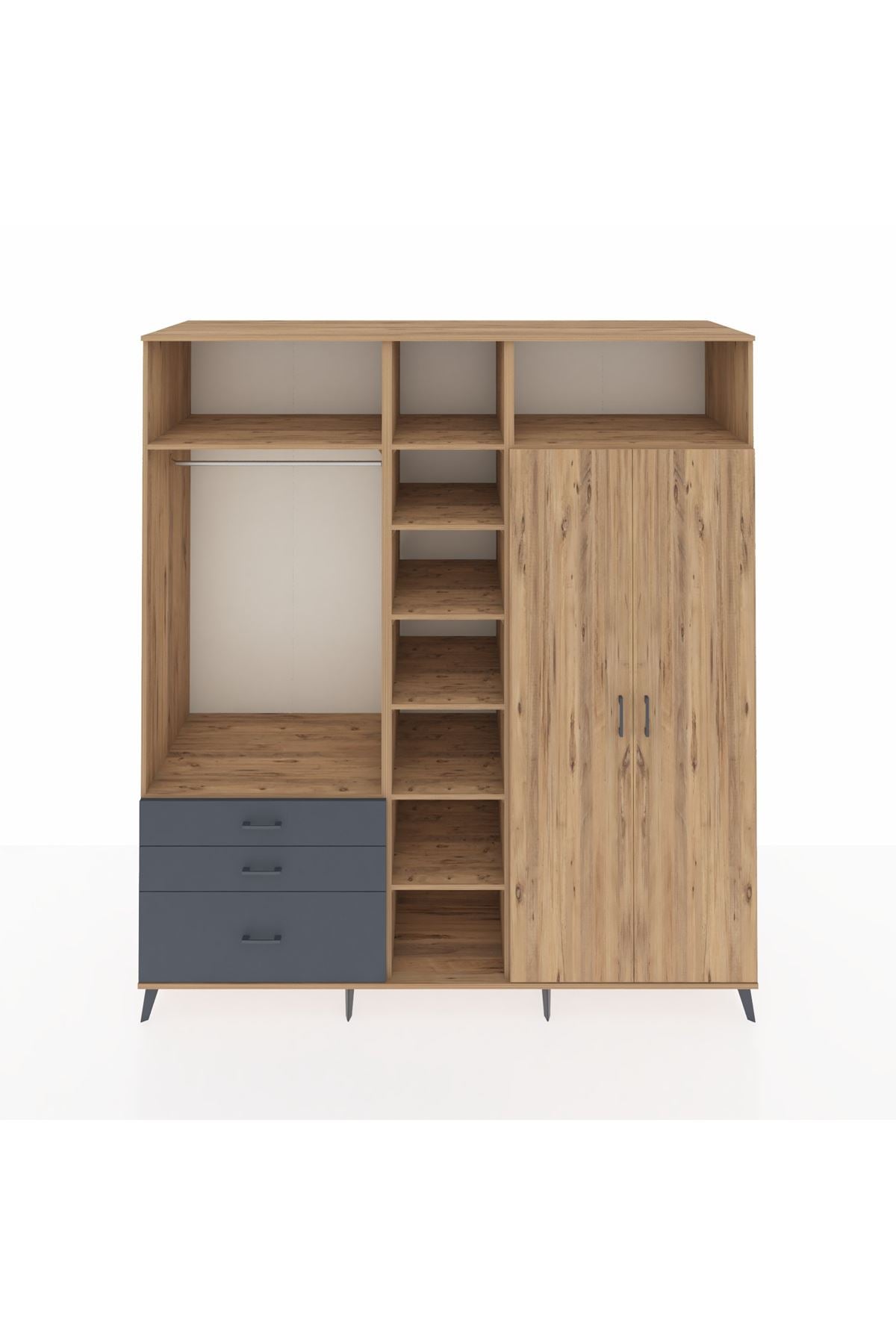 Kronos Dolap 10 Raflı 3 Çekmeceli 2 Askılı 220x59x243 Çam-Çam/Antrasit