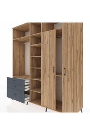 Kronos Dolap 10 Raflı 3 Çekmeceli 2 Askılı 220x59x243 Çam-Çam/Antrasit