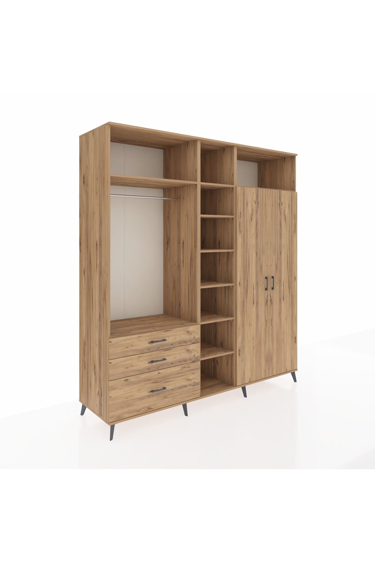 Kronos Dolap 10 Raflı 3 Çekmeceli 2 Askılı 220x59x243 Çam-Çam/Çam