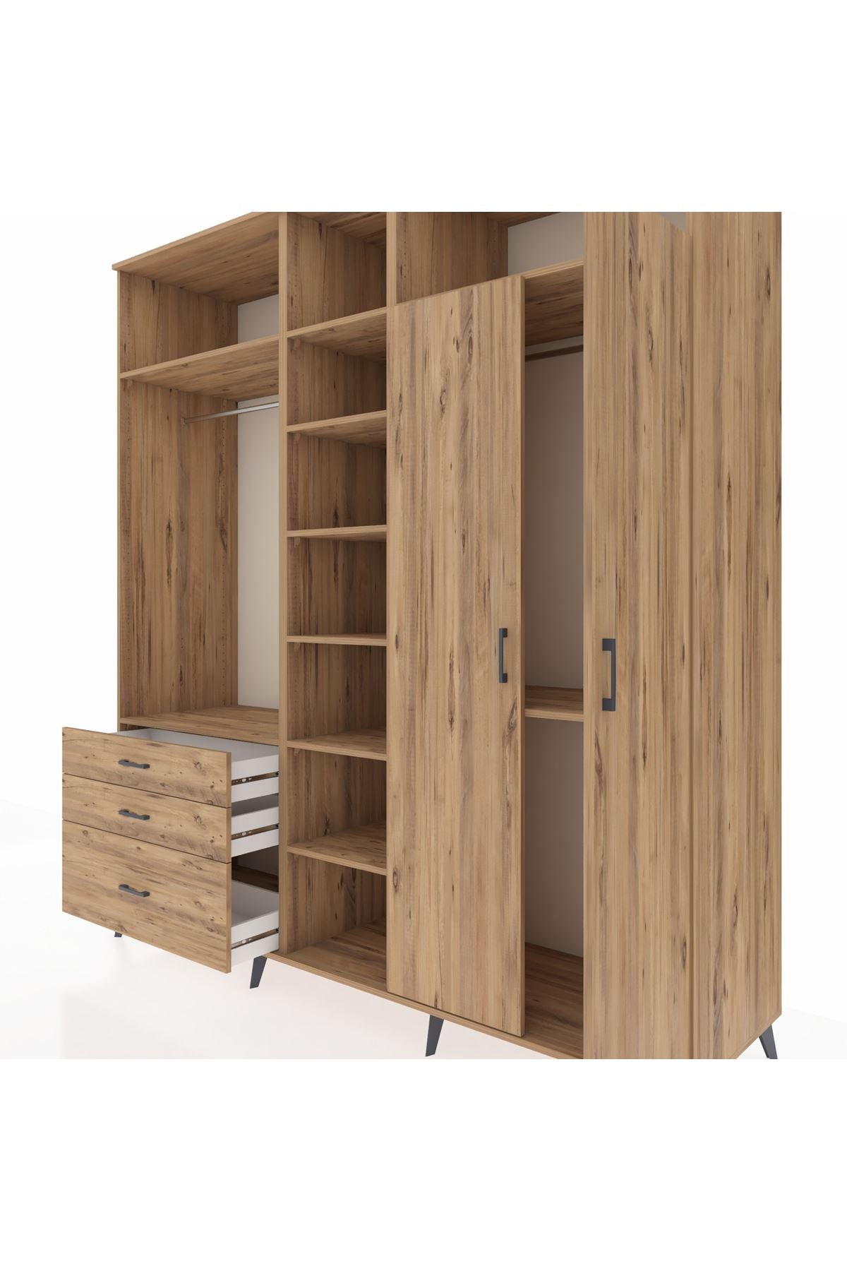 Kronos Dolap 10 Raflı 3 Çekmeceli 2 Askılı 220x59x243 Çam-Çam/Çam