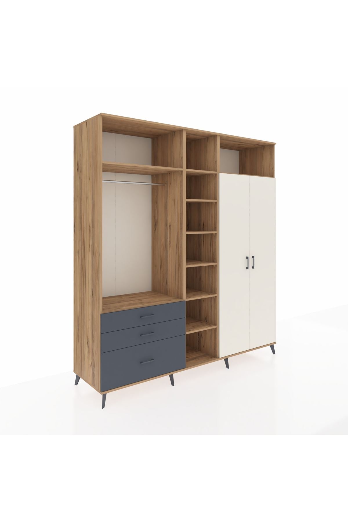 Kronos Dolap 10 Raflı 3 Çekmeceli 2 Askılı 220x59x243 Çam-Aytaşı/Antrasit