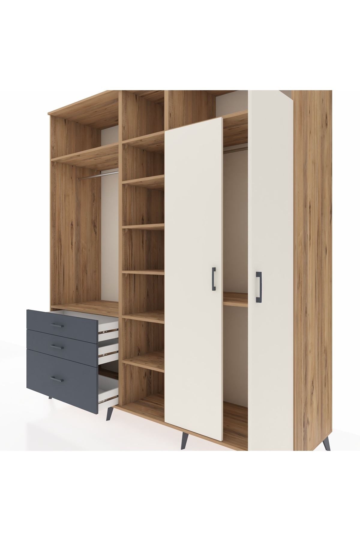 Kronos Dolap 10 Raflı 3 Çekmeceli 2 Askılı 220x59x243 Çam-Aytaşı/Antrasit