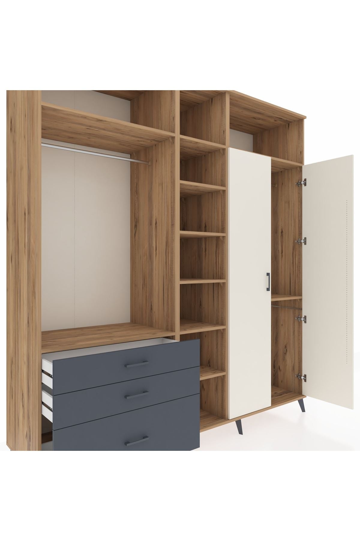 Kronos Dolap 10 Raflı 3 Çekmeceli 2 Askılı 220x59x243 Çam-Aytaşı/Antrasit