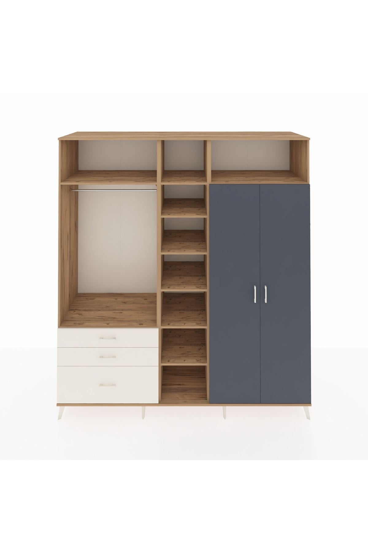 Kronos Dolap 10 Raflı 3 Çekmeceli 2 Askılı 220x59x243 Çam-Antrasit/Aytaşı