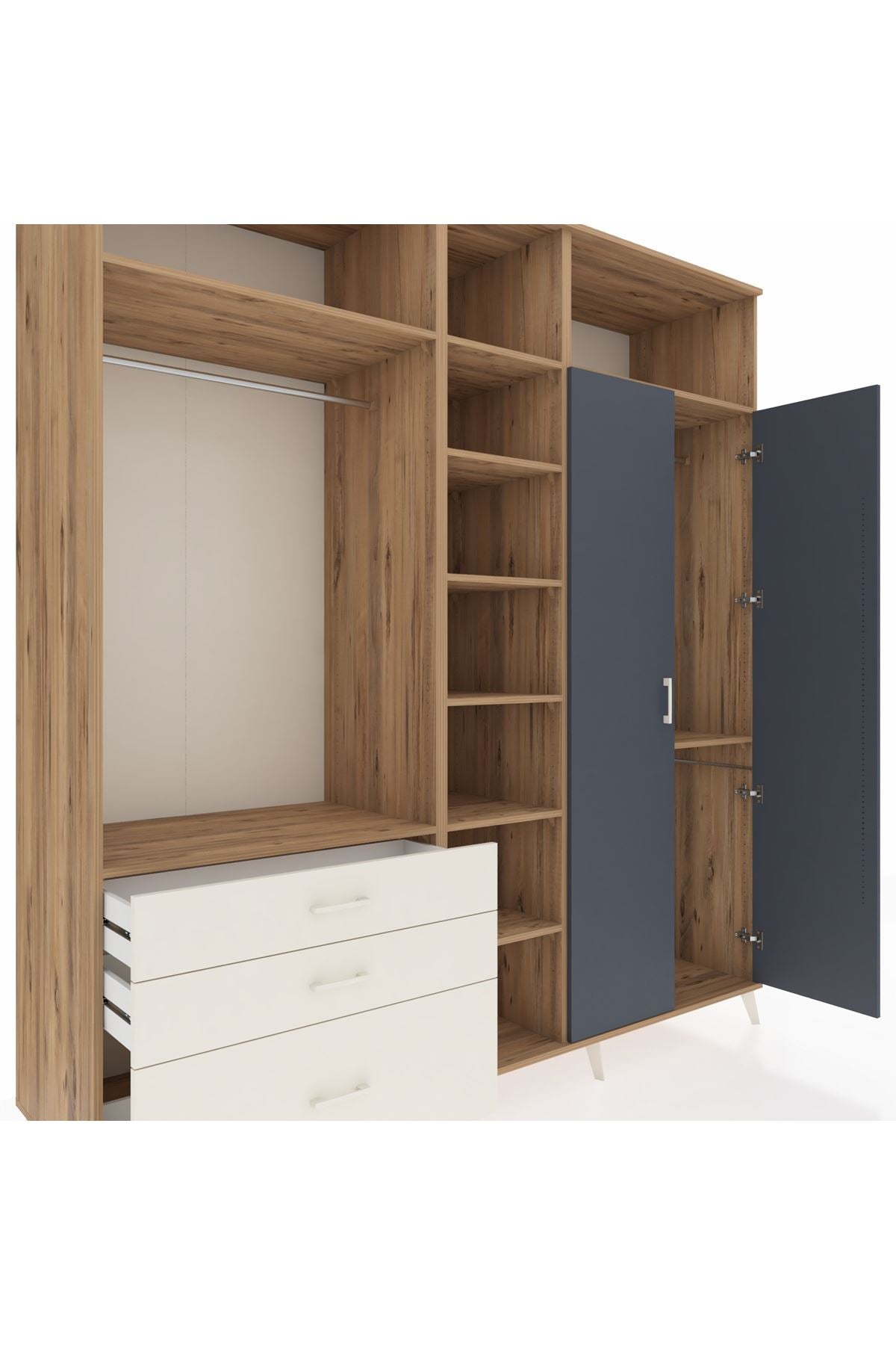 Kronos Dolap 10 Raflı 3 Çekmeceli 2 Askılı 220x59x243 Çam-Antrasit/Aytaşı