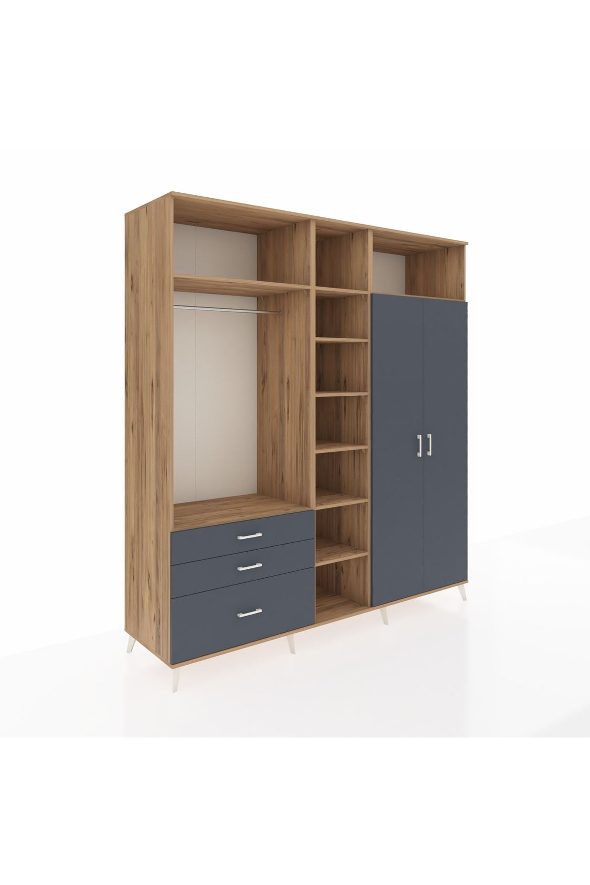 Kronos Dolap 10 Raflı 3 Çekmeceli 2 Askılı 220x59x243 Çam-Antrasit/Antrasit