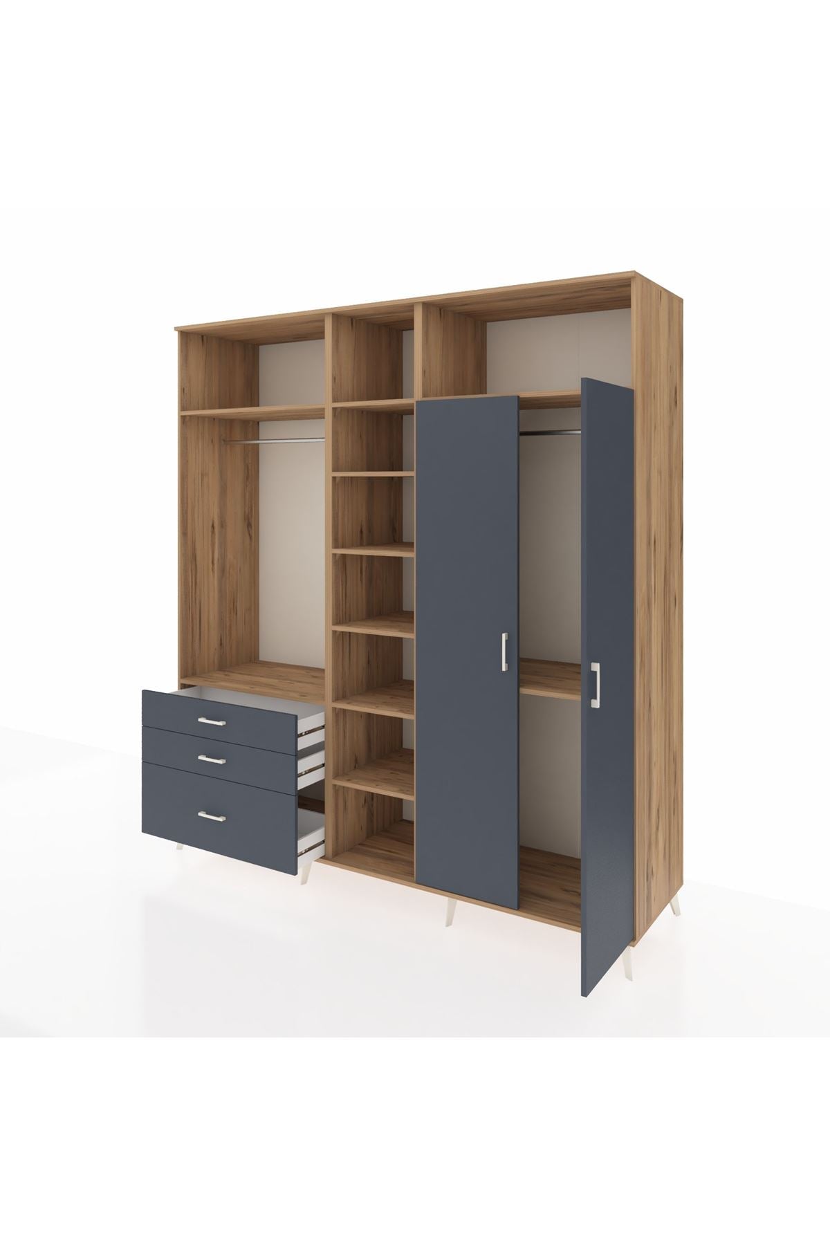 Kronos Dolap 10 Raflı 3 Çekmeceli 2 Askılı 220x59x243 Çam-Antrasit/Antrasit