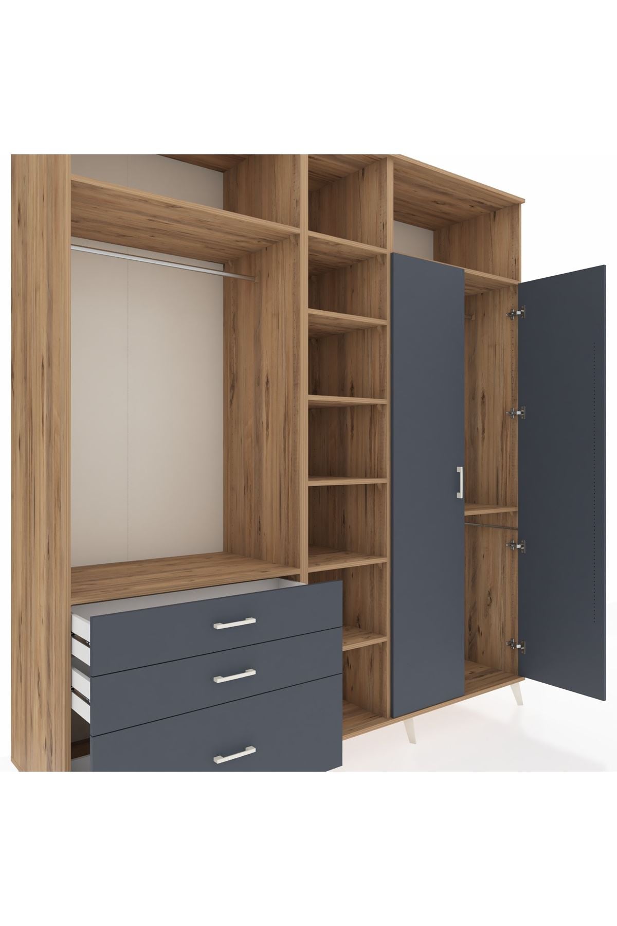 Kronos Dolap 10 Raflı 3 Çekmeceli 2 Askılı 220x59x243 Çam-Antrasit/Antrasit