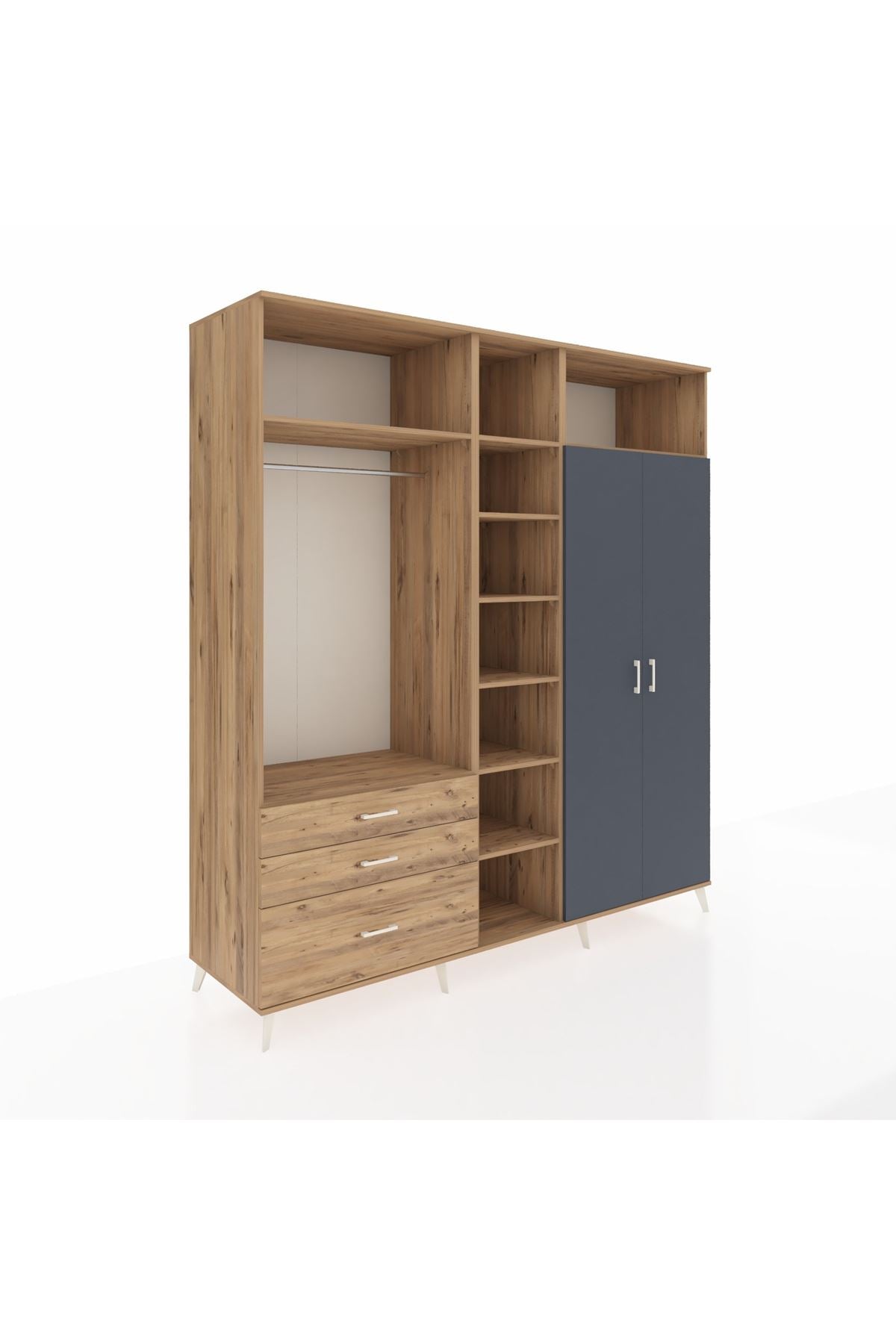 Kronos Dolap 10 Raflı 3 Çekmeceli 2 Askılı 220x59x243 Çam-Antrasit/Çam