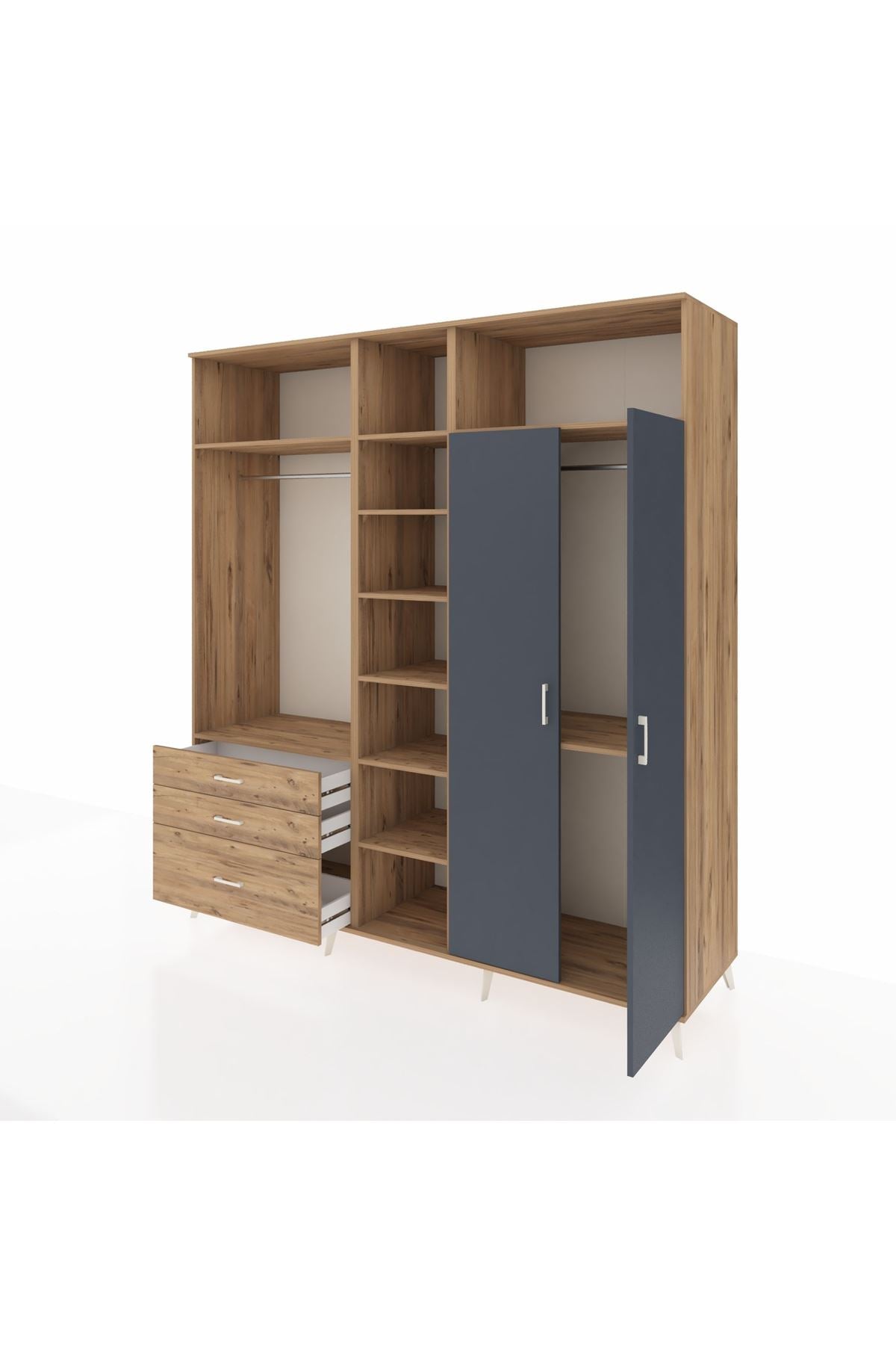 Kronos Dolap 10 Raflı 3 Çekmeceli 2 Askılı 220x59x243 Çam-Antrasit/Çam