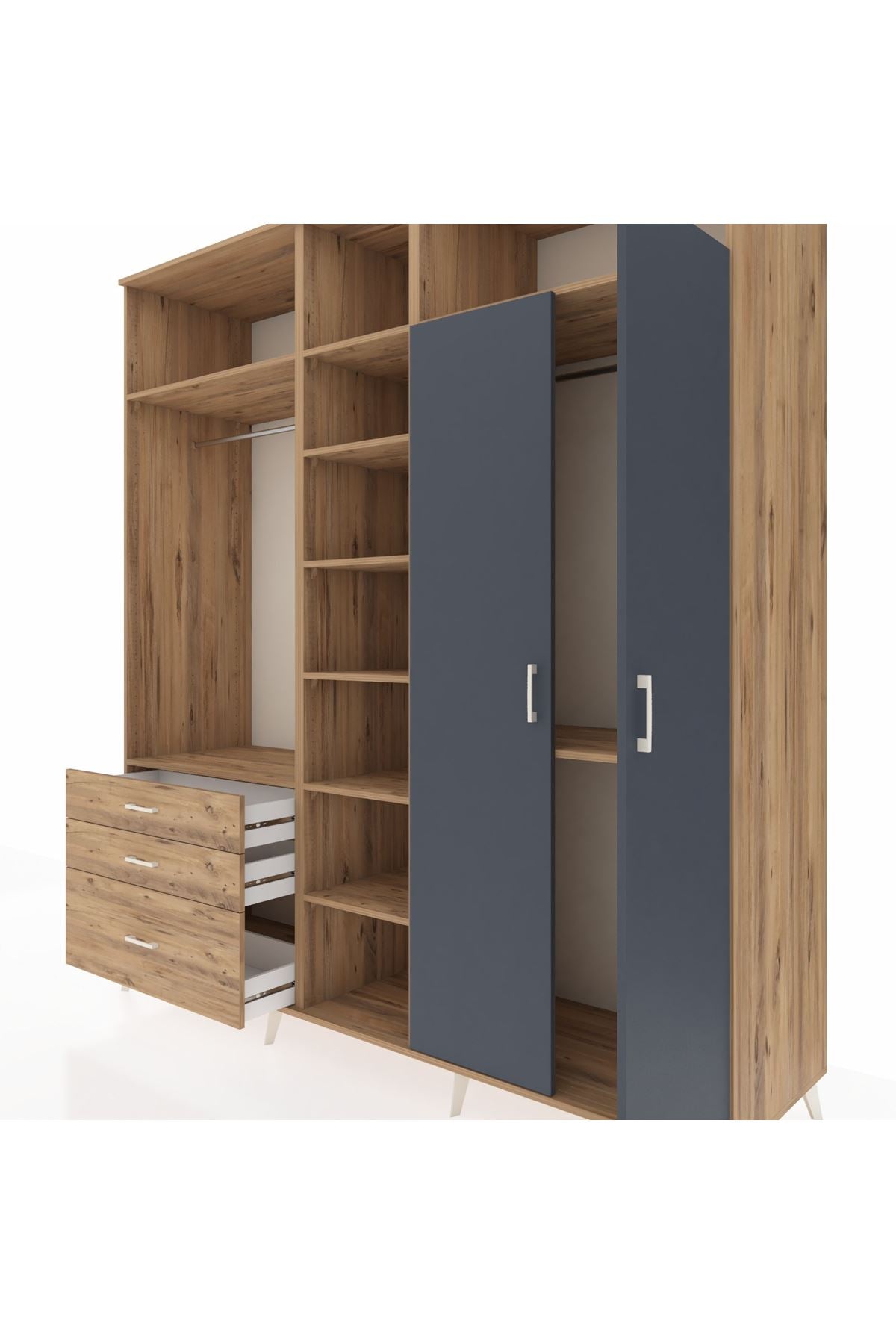 Kronos Dolap 10 Raflı 3 Çekmeceli 2 Askılı 220x59x243 Çam-Antrasit/Çam