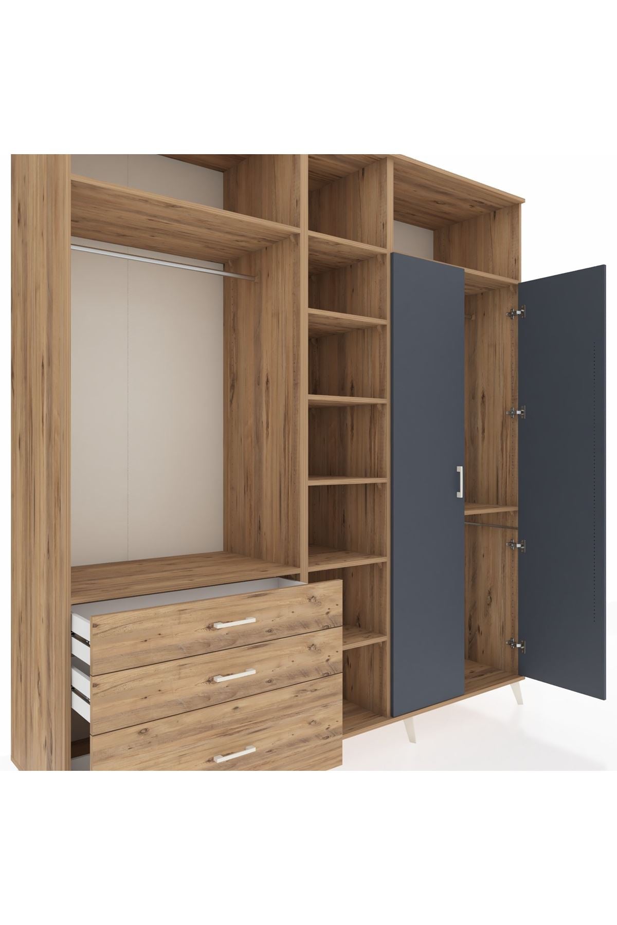 Kronos Dolap 10 Raflı 3 Çekmeceli 2 Askılı 220x59x243 Çam-Antrasit/Çam