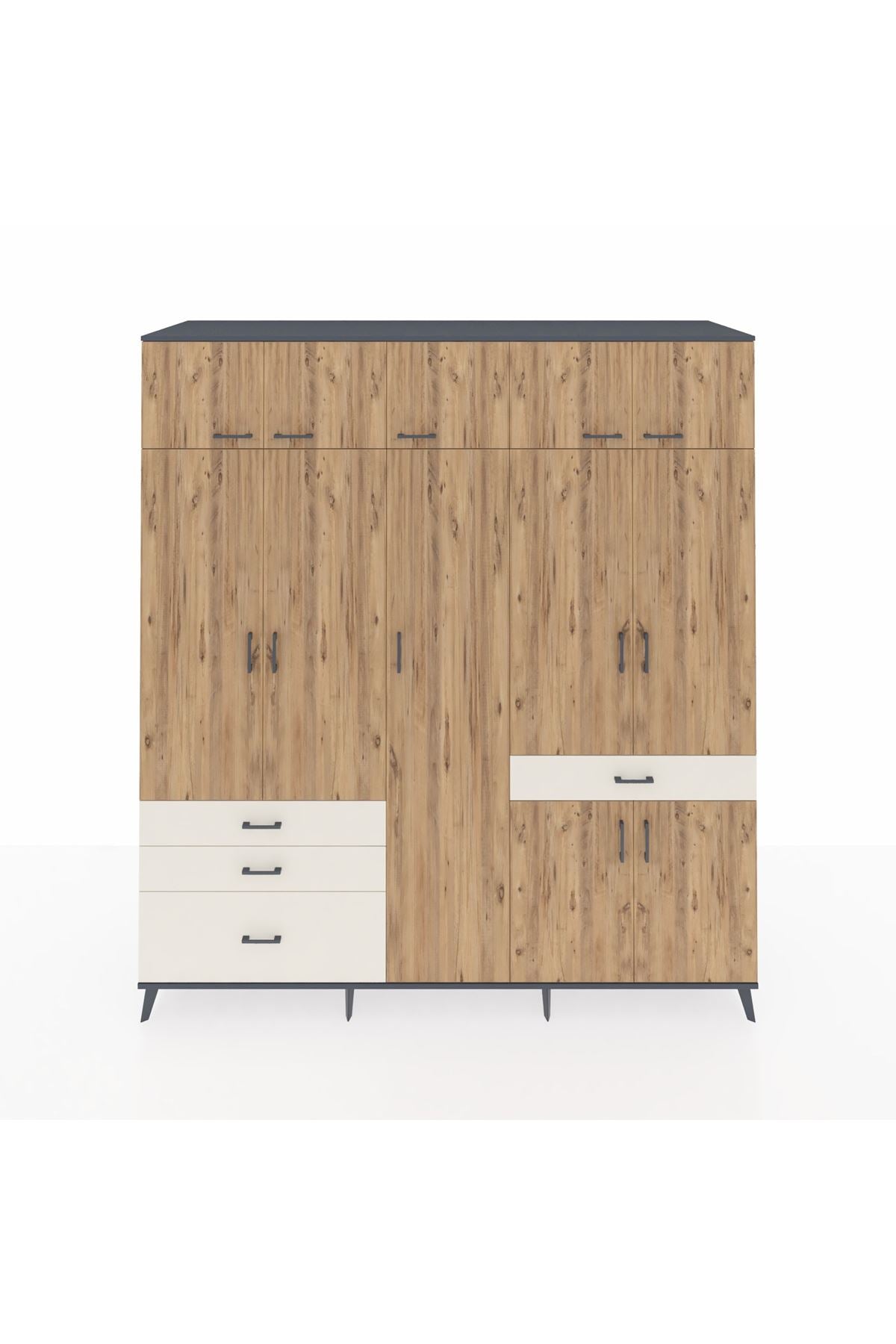 Kronos Dolap 11 Raflı 4 Çekmeceli 2 Askılı 220x59x243 Antrasit-Çam/Aytaşı