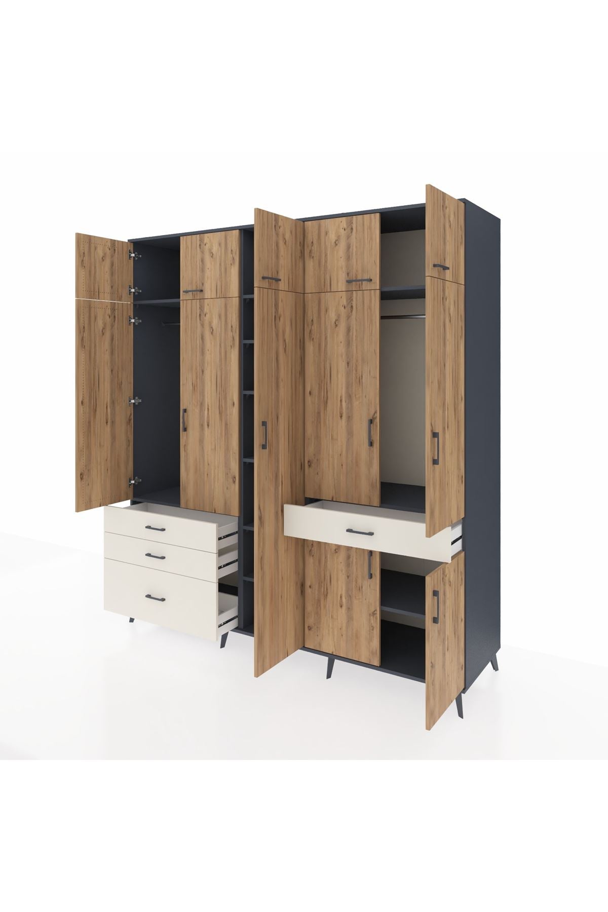 Kronos Dolap 11 Raflı 4 Çekmeceli 2 Askılı 220x59x243 Antrasit-Çam/Aytaşı