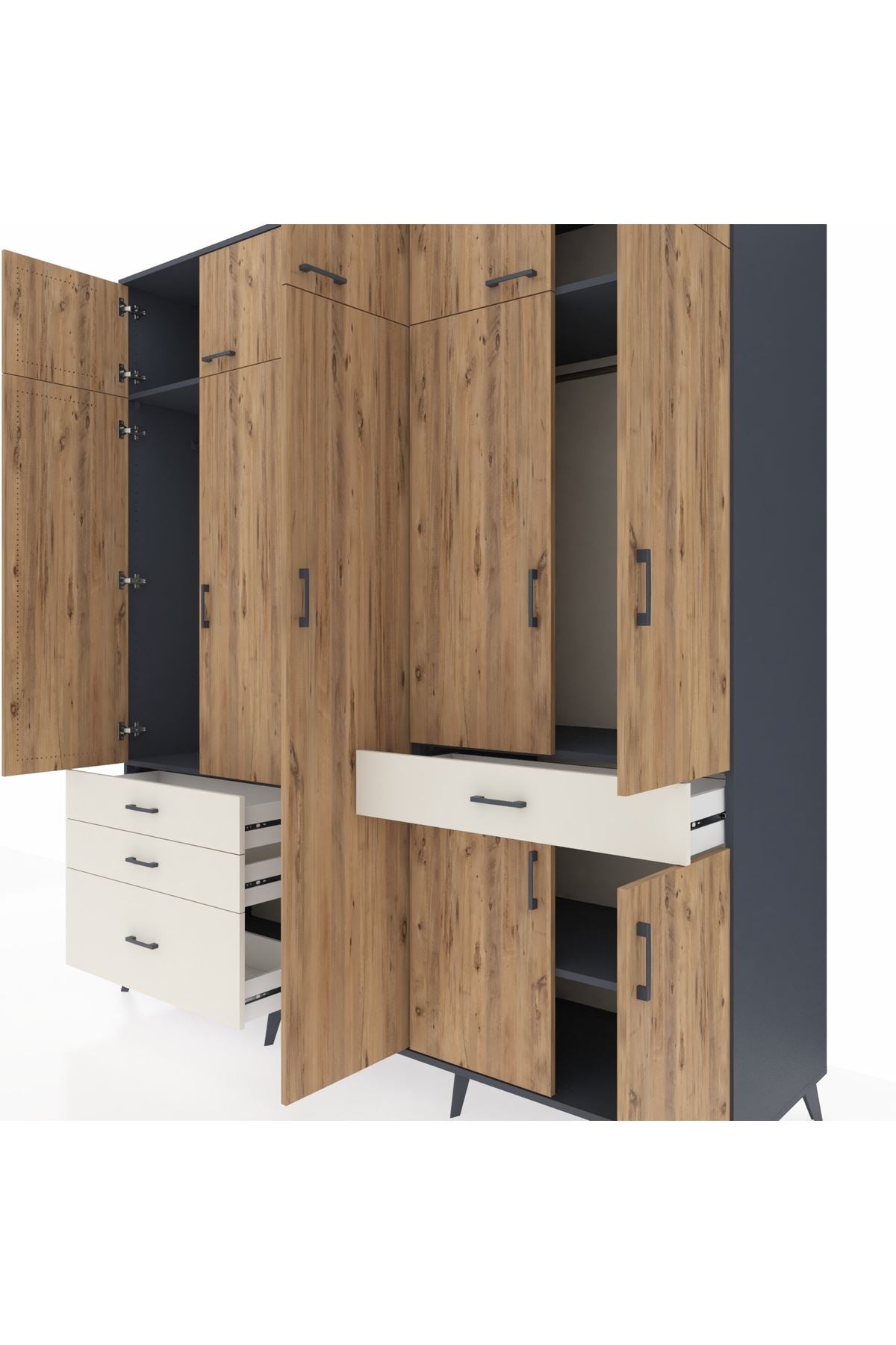 Kronos Dolap 11 Raflı 4 Çekmeceli 2 Askılı 220x59x243 Antrasit-Çam/Aytaşı