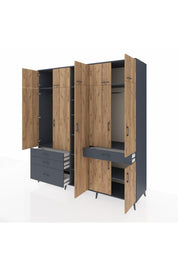 Kronos Dolap 11 Raflı 4 Çekmeceli 2 Askılı 220x59x243 Antrasit-Çam/Antrasit