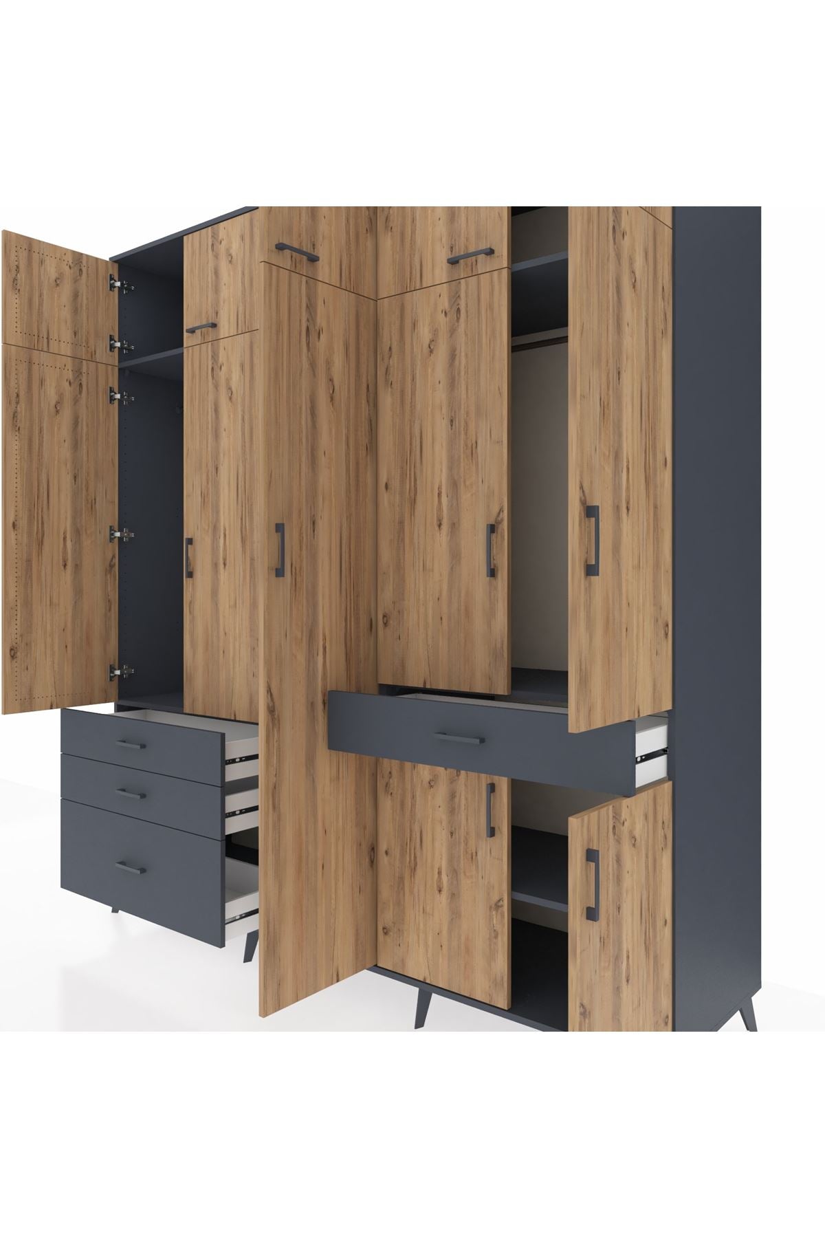 Kronos Dolap 11 Raflı 4 Çekmeceli 2 Askılı 220x59x243 Antrasit-Çam/Antrasit