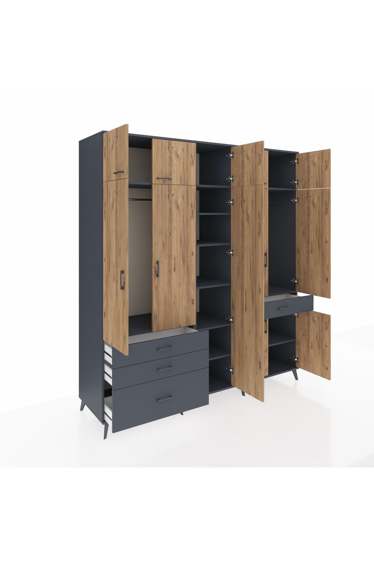 Kronos Dolap 11 Raflı 4 Çekmeceli 2 Askılı 220x59x243 Antrasit-Çam/Antrasit