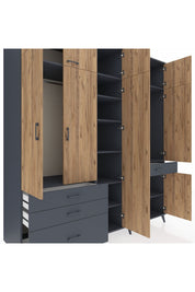Kronos Dolap 11 Raflı 4 Çekmeceli 2 Askılı 220x59x243 Antrasit-Çam/Antrasit