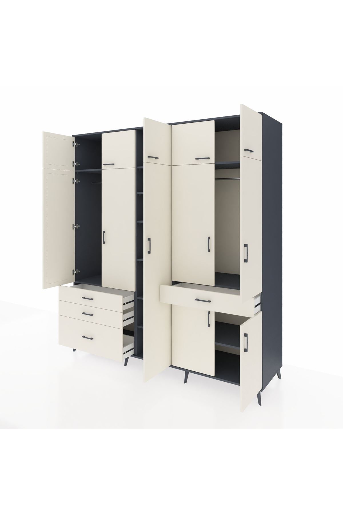 Kronos Dolap 11 Raflı 4 Çekmeceli 2 Askılı 220x59x243 Antrasit-Aytaşı/Aytaşı