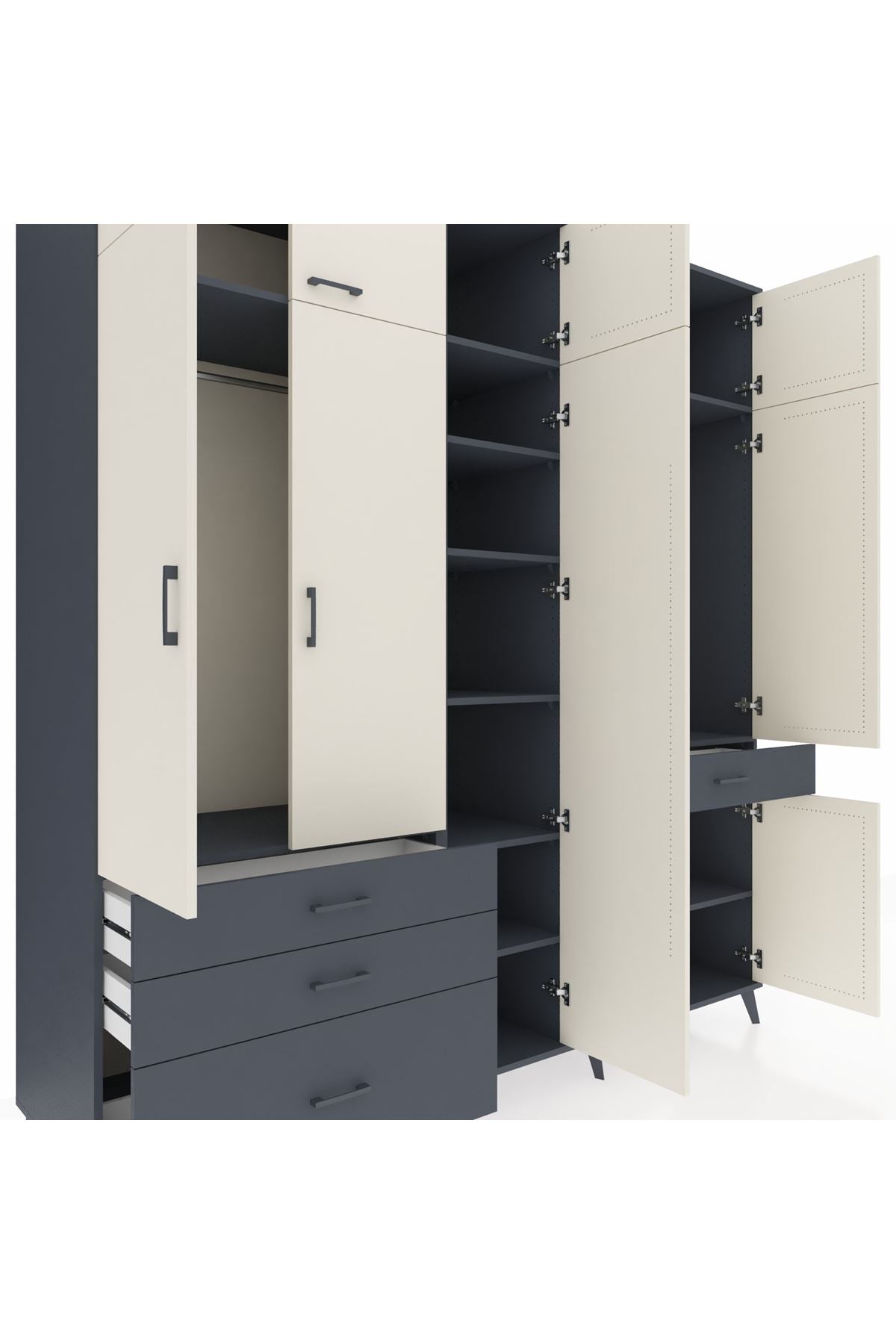 Kronos Dolap 11 Raflı 4 Çekmeceli 2 Askılı 220x59x243 Antrasit-Aytaşı/Antrasit