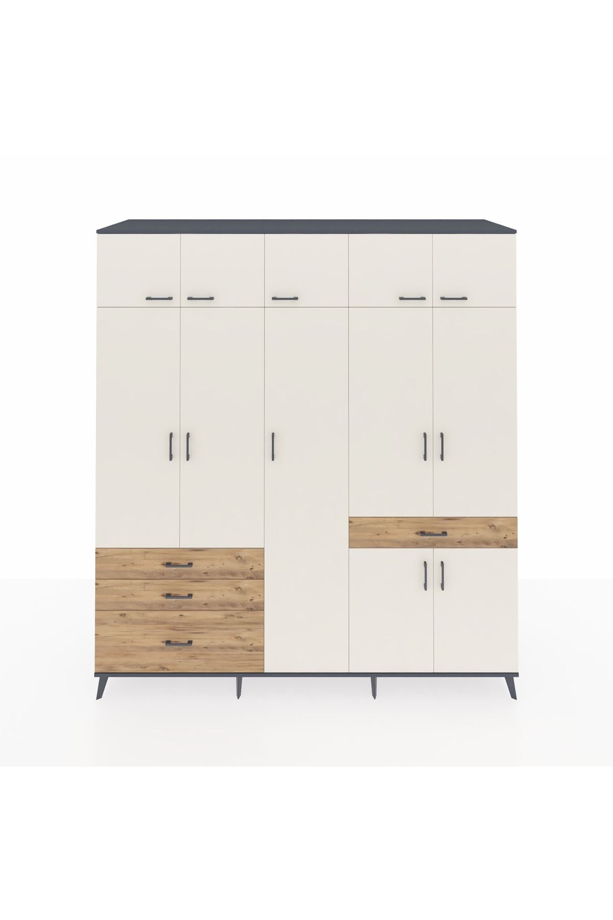 Kronos Dolap 11 Raflı 4 Çekmeceli 2 Askılı 220x59x243 Antrasit-Aytaşı/Çam