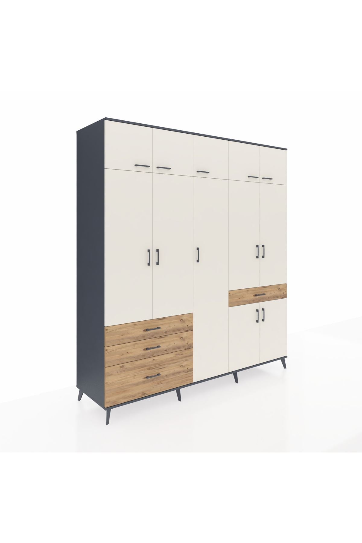 Kronos Dolap 11 Raflı 4 Çekmeceli 2 Askılı 220x59x243 Antrasit-Aytaşı/Çam