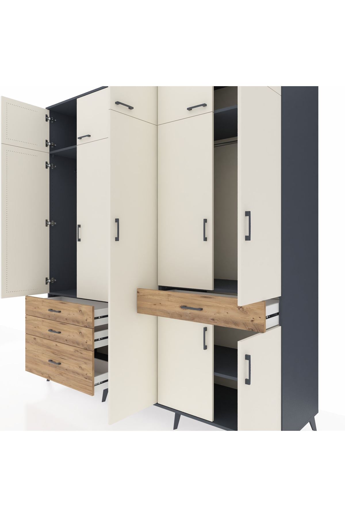 Kronos Dolap 11 Raflı 4 Çekmeceli 2 Askılı 220x59x243 Antrasit-Aytaşı/Çam