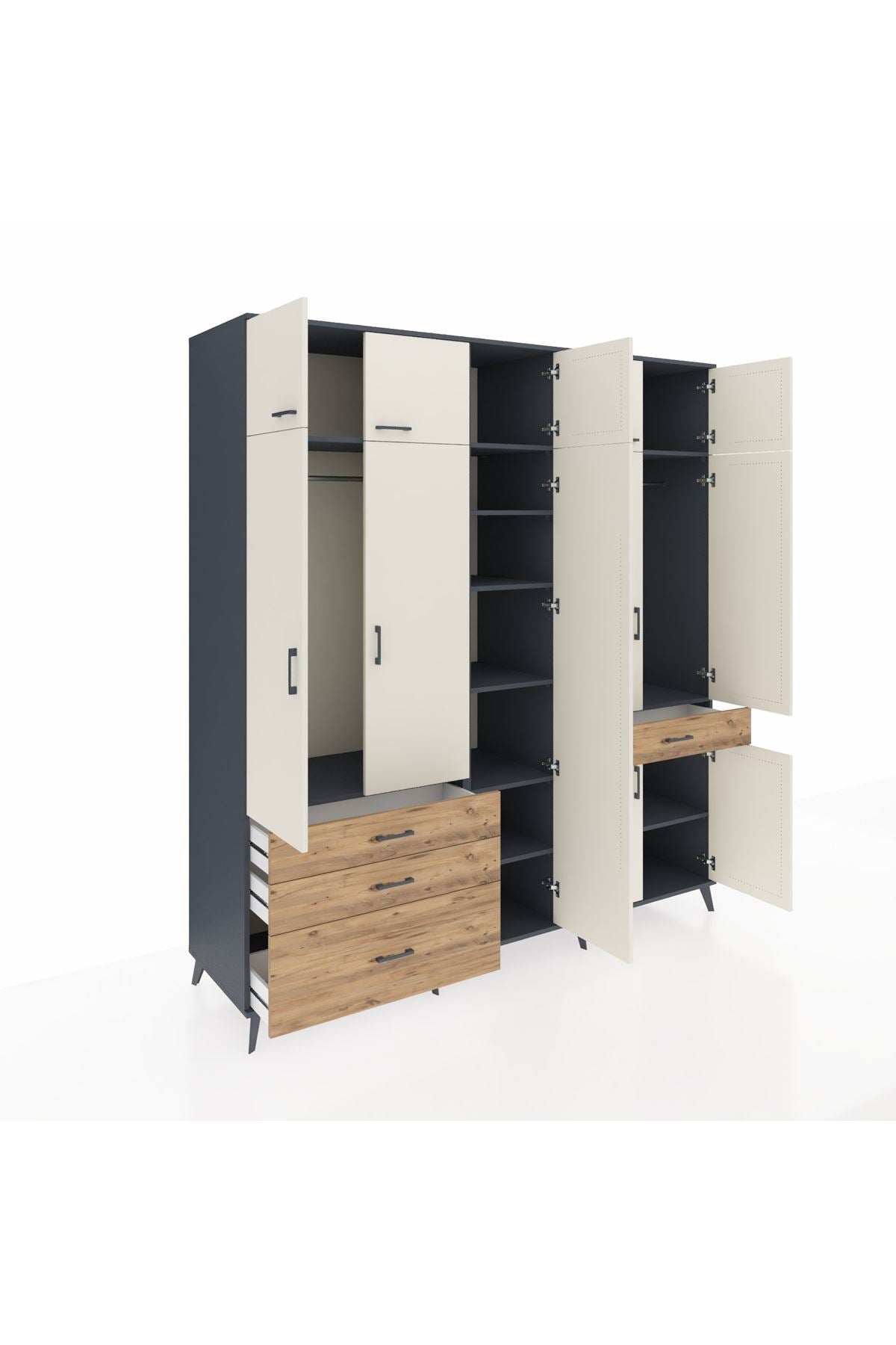 Kronos Dolap 11 Raflı 4 Çekmeceli 2 Askılı 220x59x243 Antrasit-Aytaşı/Çam