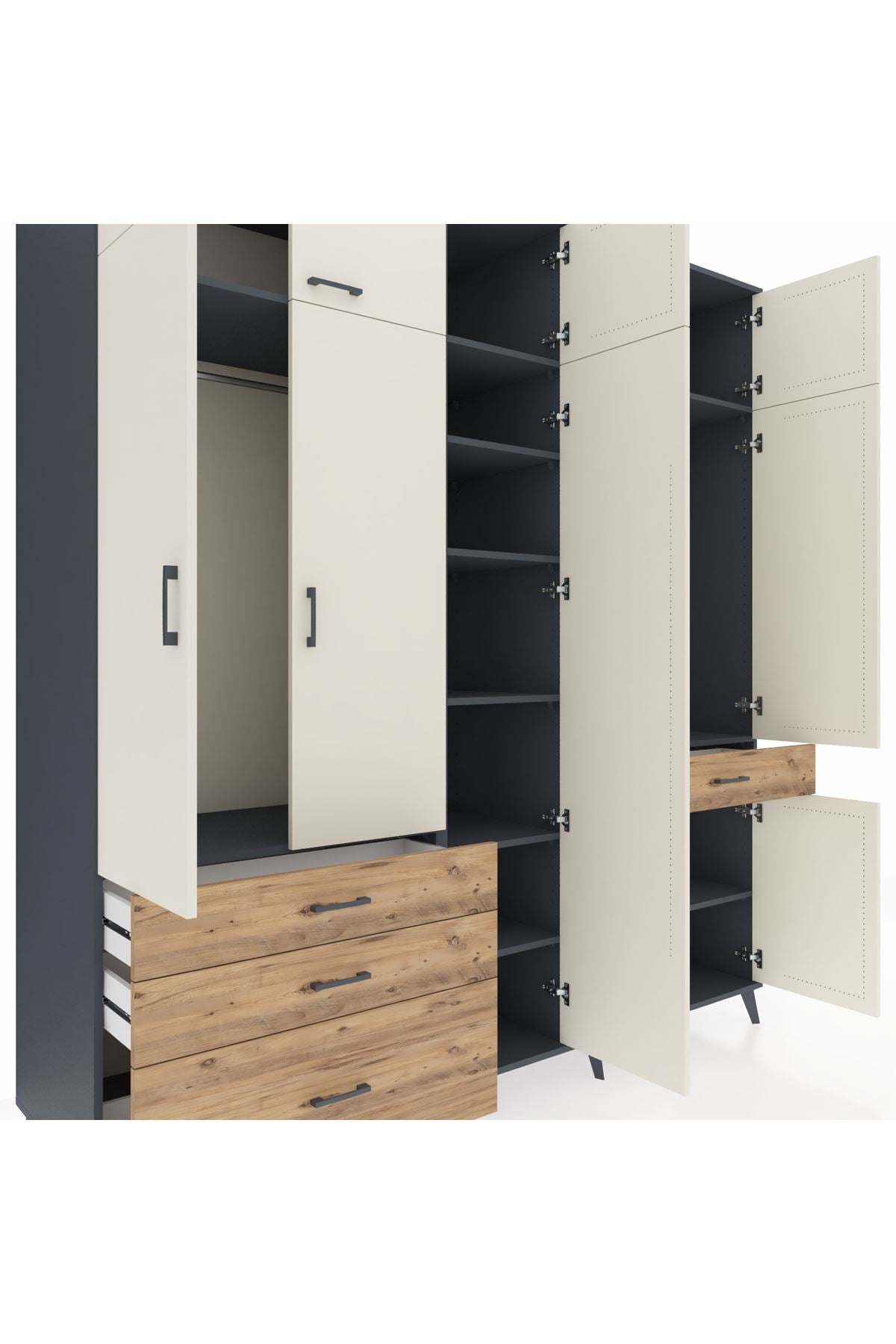 Kronos Dolap 11 Raflı 4 Çekmeceli 2 Askılı 220x59x243 Antrasit-Aytaşı/Çam