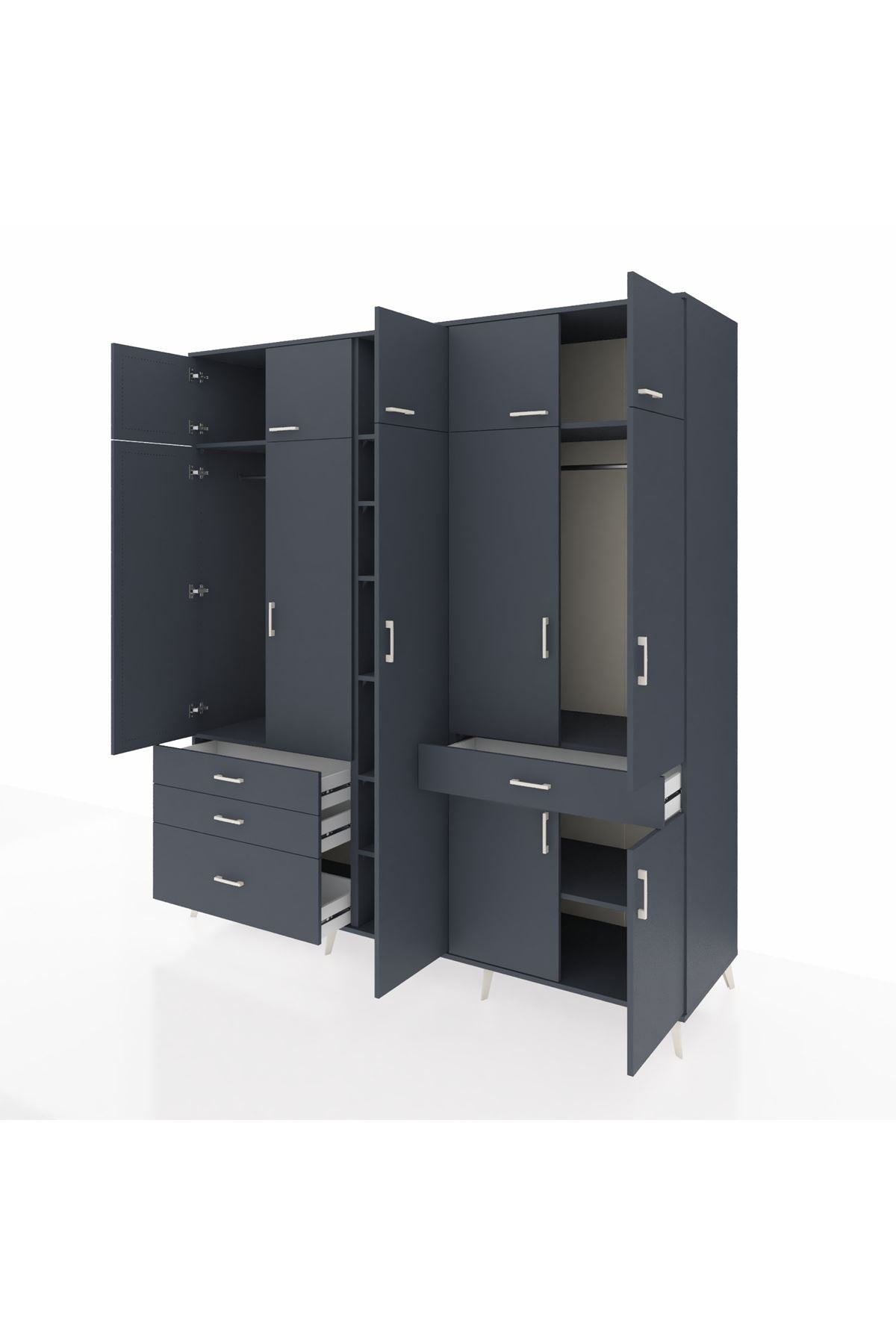 Kronos Dolap 11 Raflı 4 Çekmeceli 2 Askılı 220x59x243 Antrasit-Antrasit/Antrasit