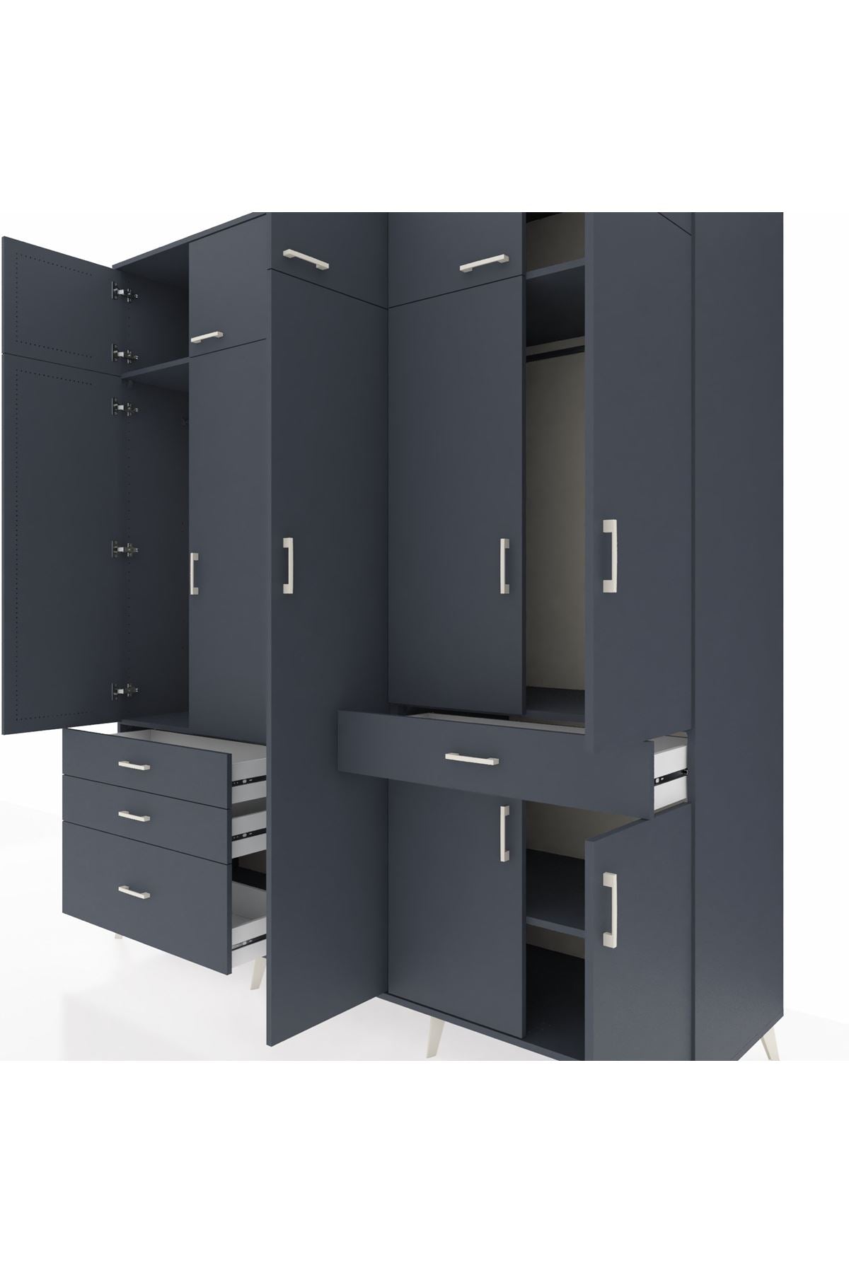 Kronos Dolap 11 Raflı 4 Çekmeceli 2 Askılı 220x59x243 Antrasit-Antrasit/Antrasit