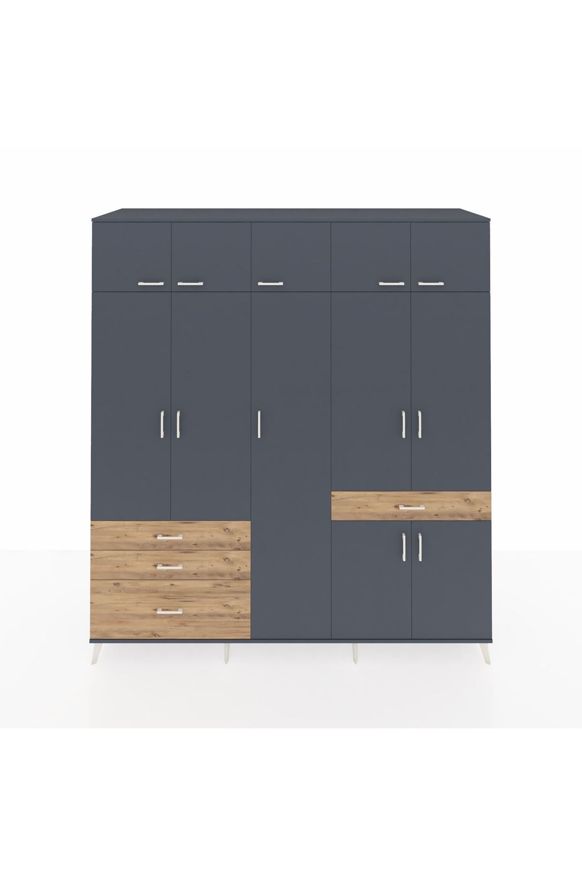 Kronos Dolap 11 Raflı 4 Çekmeceli 2 Askılı 220x59x243 Antrasit-Antrasit/Çam