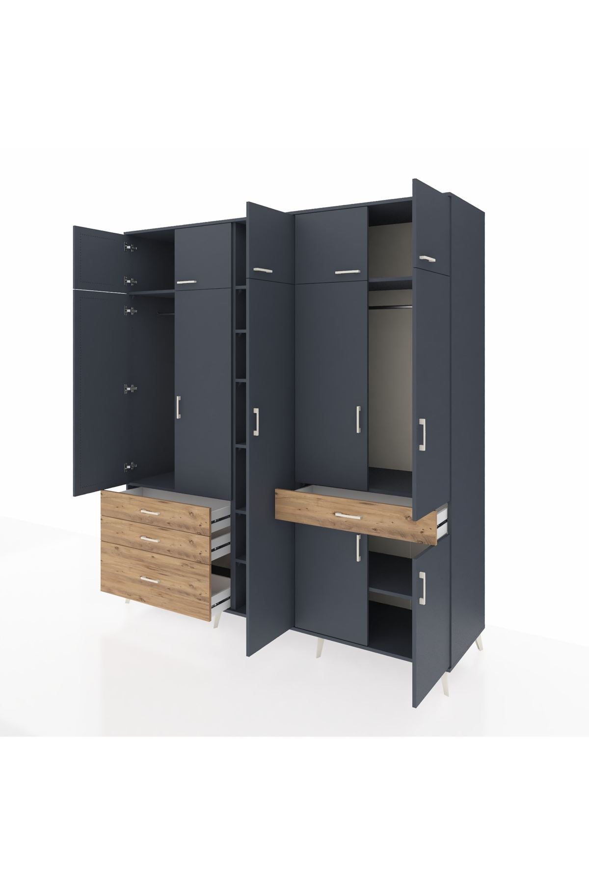 Kronos Dolap 11 Raflı 4 Çekmeceli 2 Askılı 220x59x243 Antrasit-Antrasit/Çam