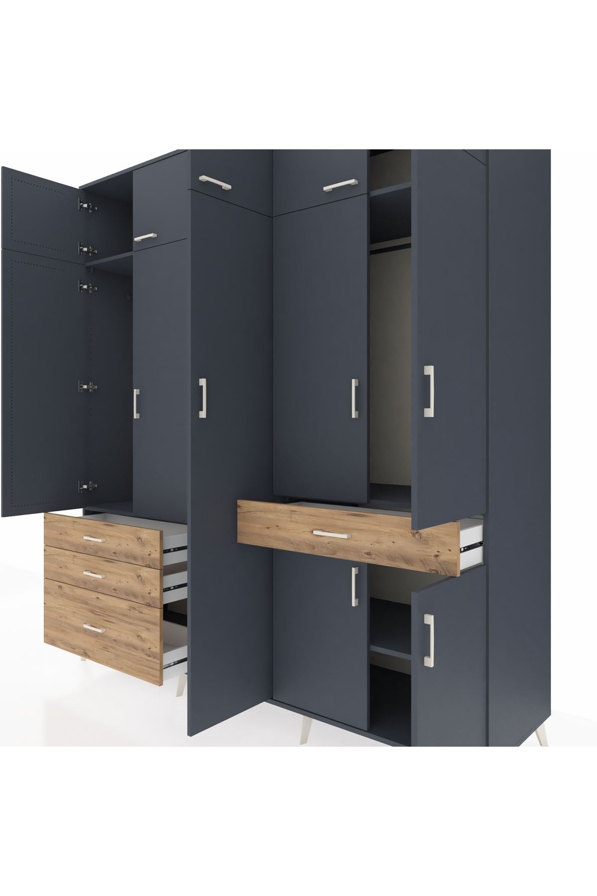 Kronos Dolap 11 Raflı 4 Çekmeceli 2 Askılı 220x59x243 Antrasit-Antrasit/Çam