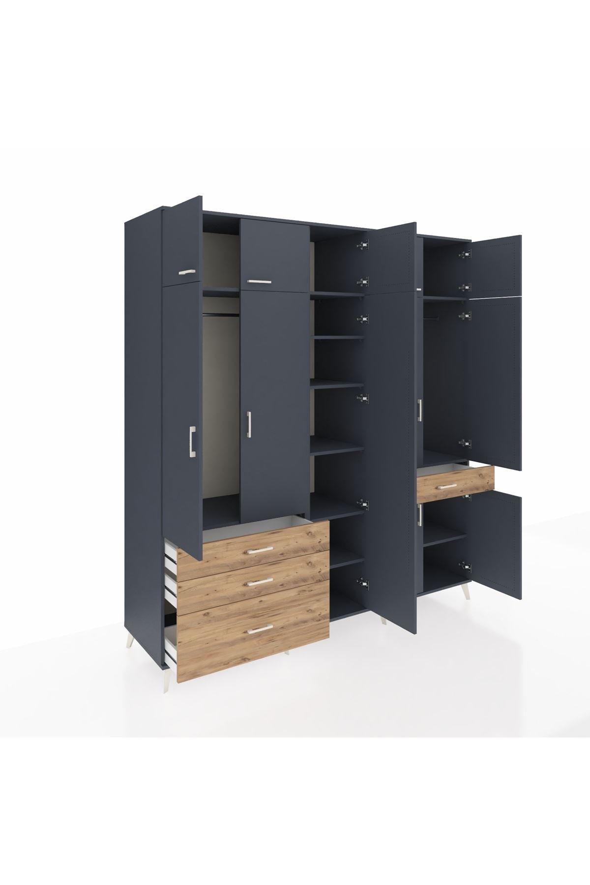 Kronos Dolap 11 Raflı 4 Çekmeceli 2 Askılı 220x59x243 Antrasit-Antrasit/Çam